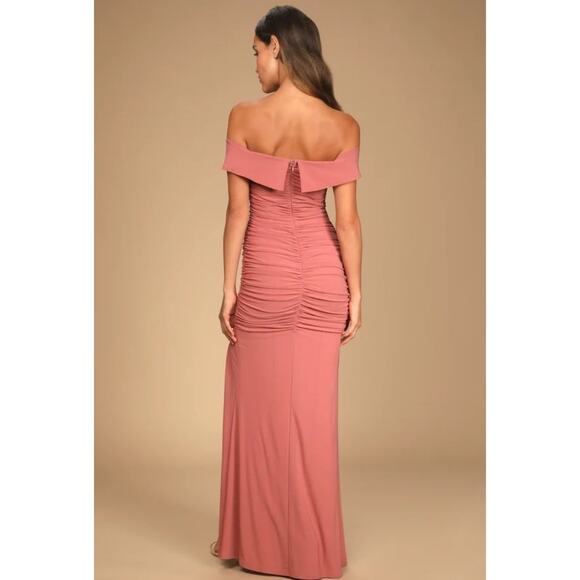 Lulus Revel Romance Formal Dress Size S Off Shoulder Rose Long Maxi Ruched Mesh - Picture 3 of 16